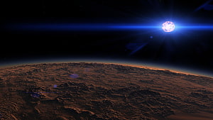 Mars Surface View From Orbit With Glowing Blue Sun And Rocky Terrain HD wallpaper