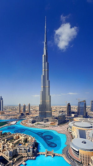 Burj Khalifa Tower Rising Above Dubai Fountain and City Skyline HD phone wallpaper