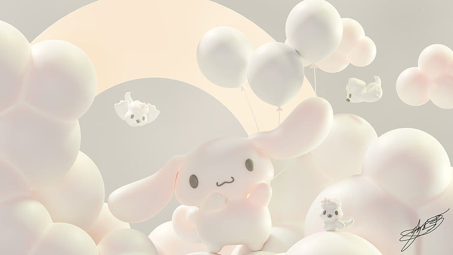 Cinnamoroll Floating Among Clouds and Balloons in Soft Pastel 3D Render HD wallpaper