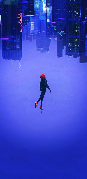 Lone figure in red hoodie falling through surreal inverted cyberpunk cityscape HD phone wallpaper