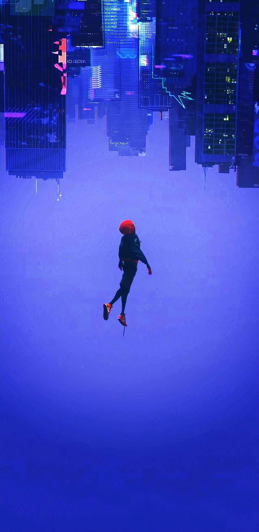 Lone figure in red hoodie falling through surreal inverted cyberpunk cityscape HD phone wallpaper