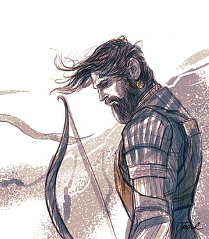 Hand-drawn illustration of a bearded warrior holding a bow in a rugged landscape HD phone wallpaper
