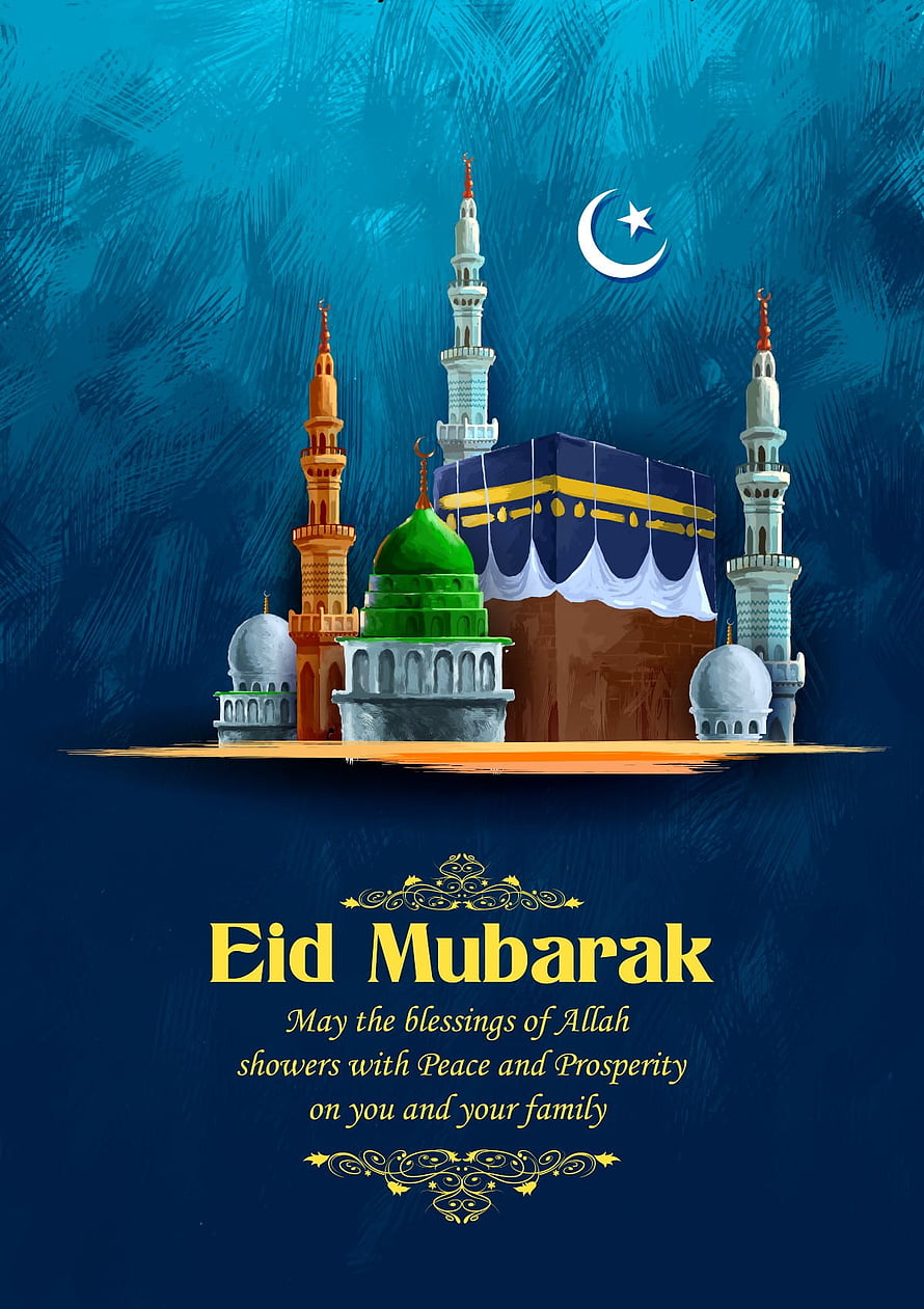 Eid Mubarak Greeting Card with Mosque, Kaaba, and Crescent Moon on Blue Background HD phone wallpaper
