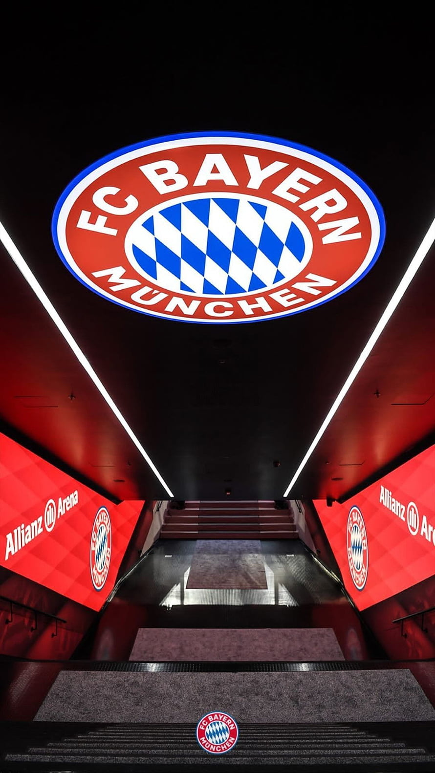 FC Bayern München Player Tunnel at Allianz Arena with Glowing Club Crest and Red LED Walls HD phone wallpaper