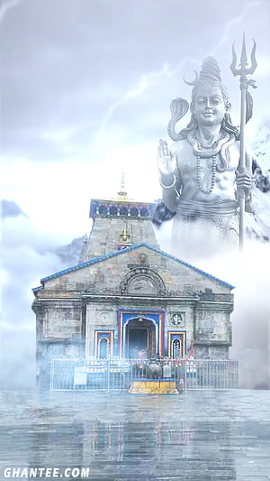 Lord Shiva Statue and Kedarnath Temple in Snowy Mountains HD phone wallpaper