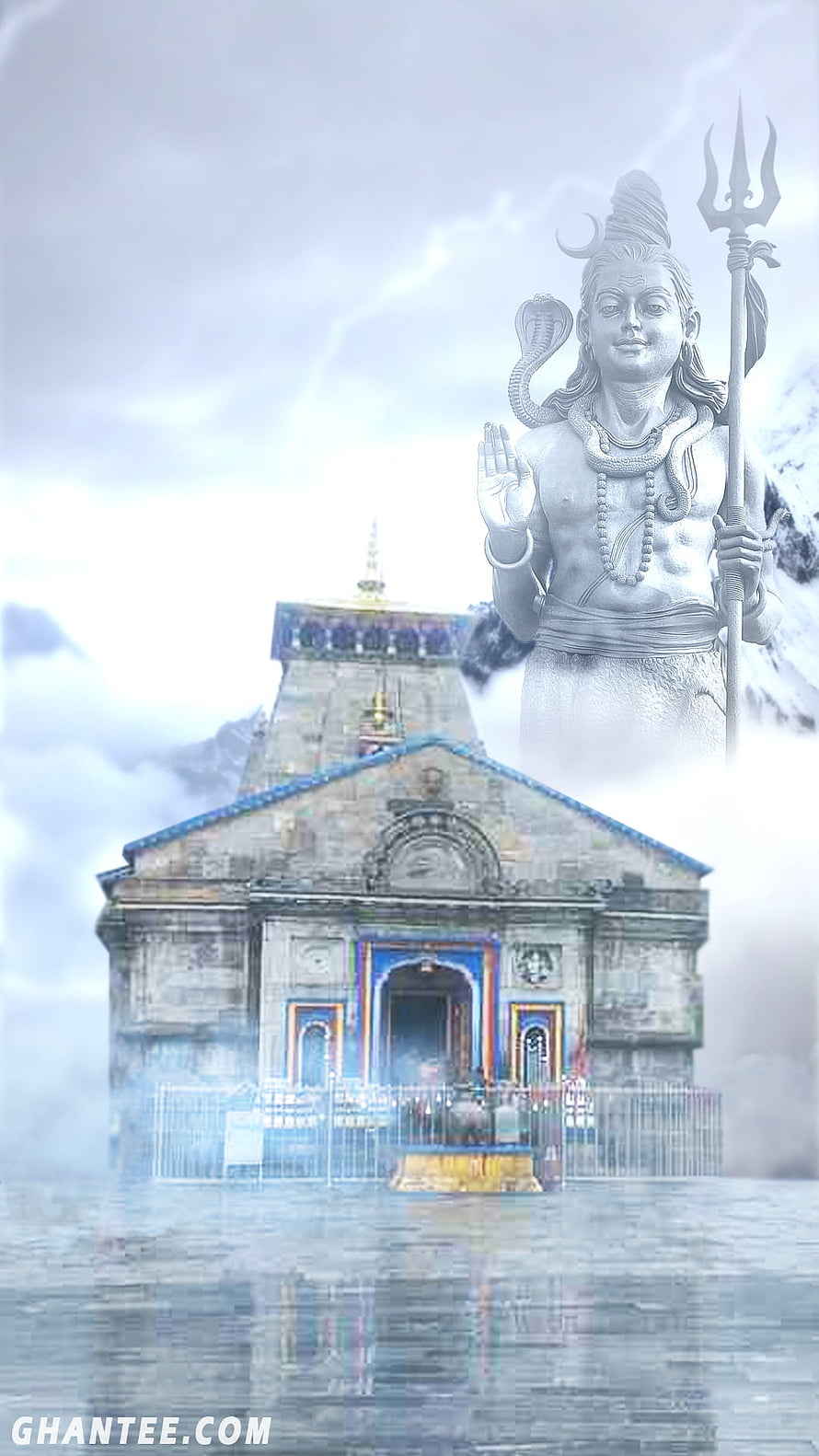 Lord Shiva Statue and Kedarnath Temple in Snowy Mountains HD phone wallpaper