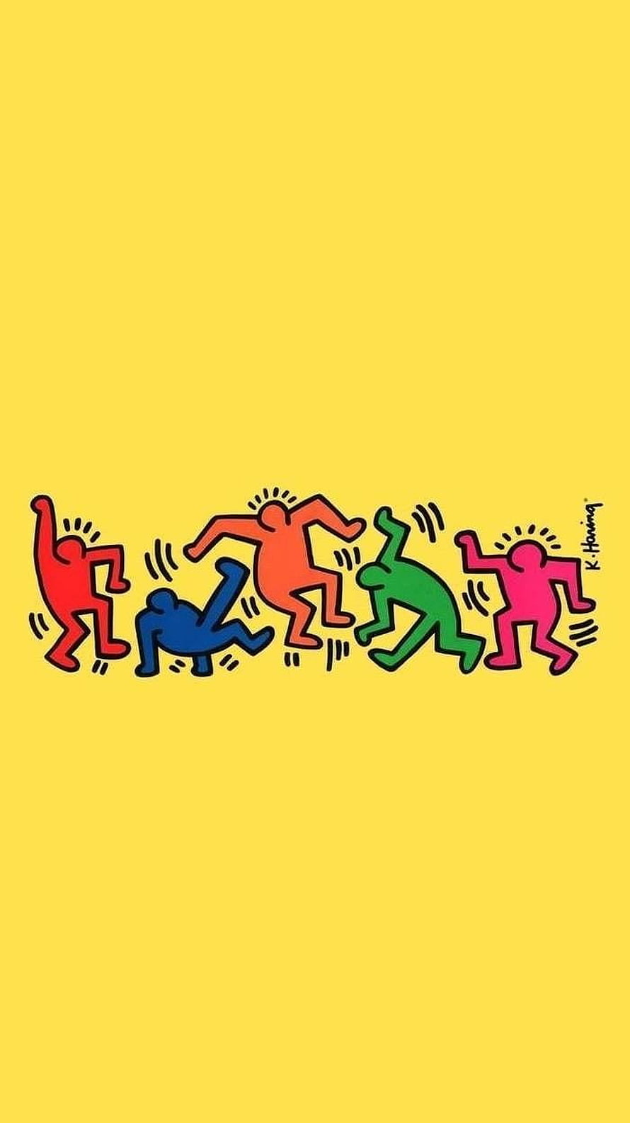 Keith Haring Colorful Dancing Figures on Yellow Background HD phone wallpaper