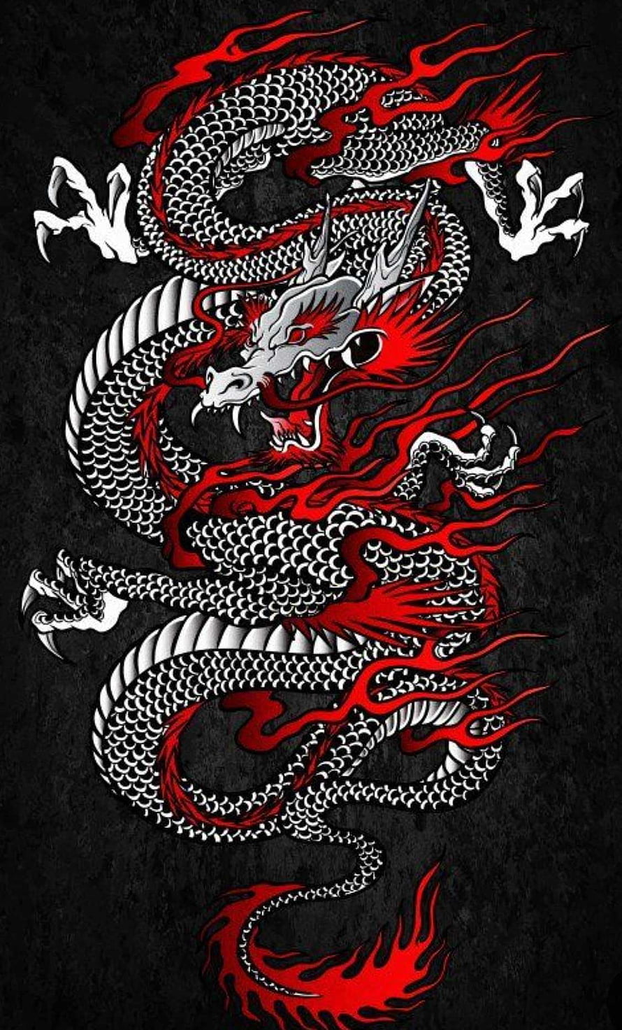 Japanese Dragon Tattoo Design with Red Flames on Black Background HD phone wallpaper