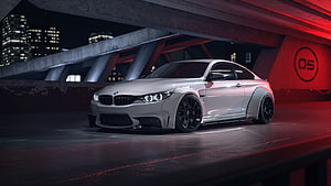 Silver BMW M4 Coupe with Widebody Kit Parked Under Urban Bridge at Night HD wallpaper