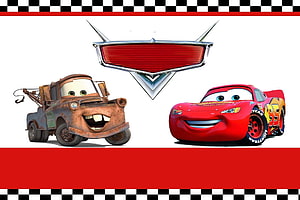 Lightning McQueen and Mater with Cadillac Emblem on Racing Checkered Border HD wallpaper