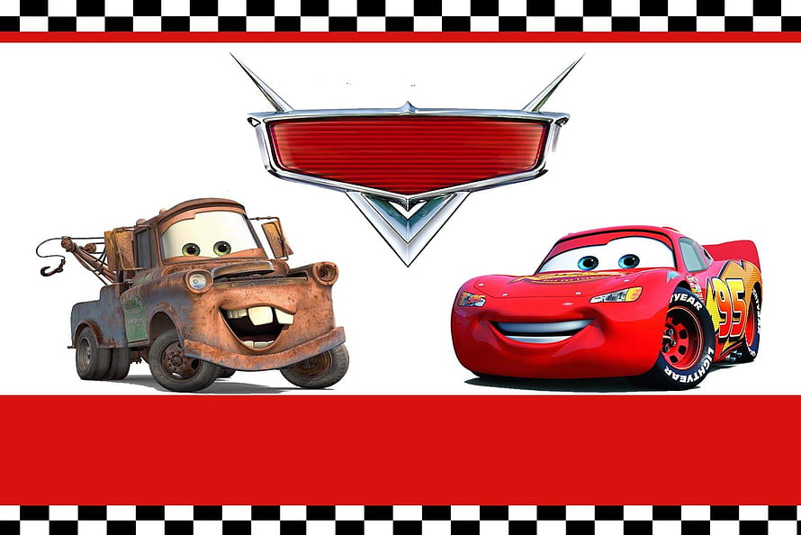 Lightning McQueen and Mater with Cadillac Emblem on Racing Checkered Border HD wallpaper