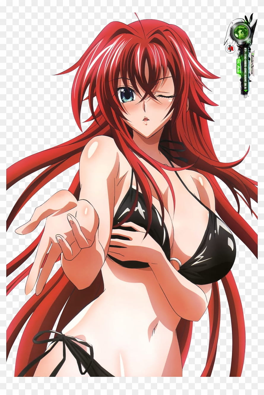 Rias Gremory Anime Character in Black Bikini with Long Red Hair and Winking Expression HD phone wallpaper