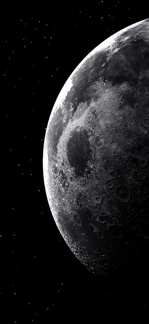 Detailed Black and White Moon Surface With Craters Against Starry Space Background HD phone wallpaper