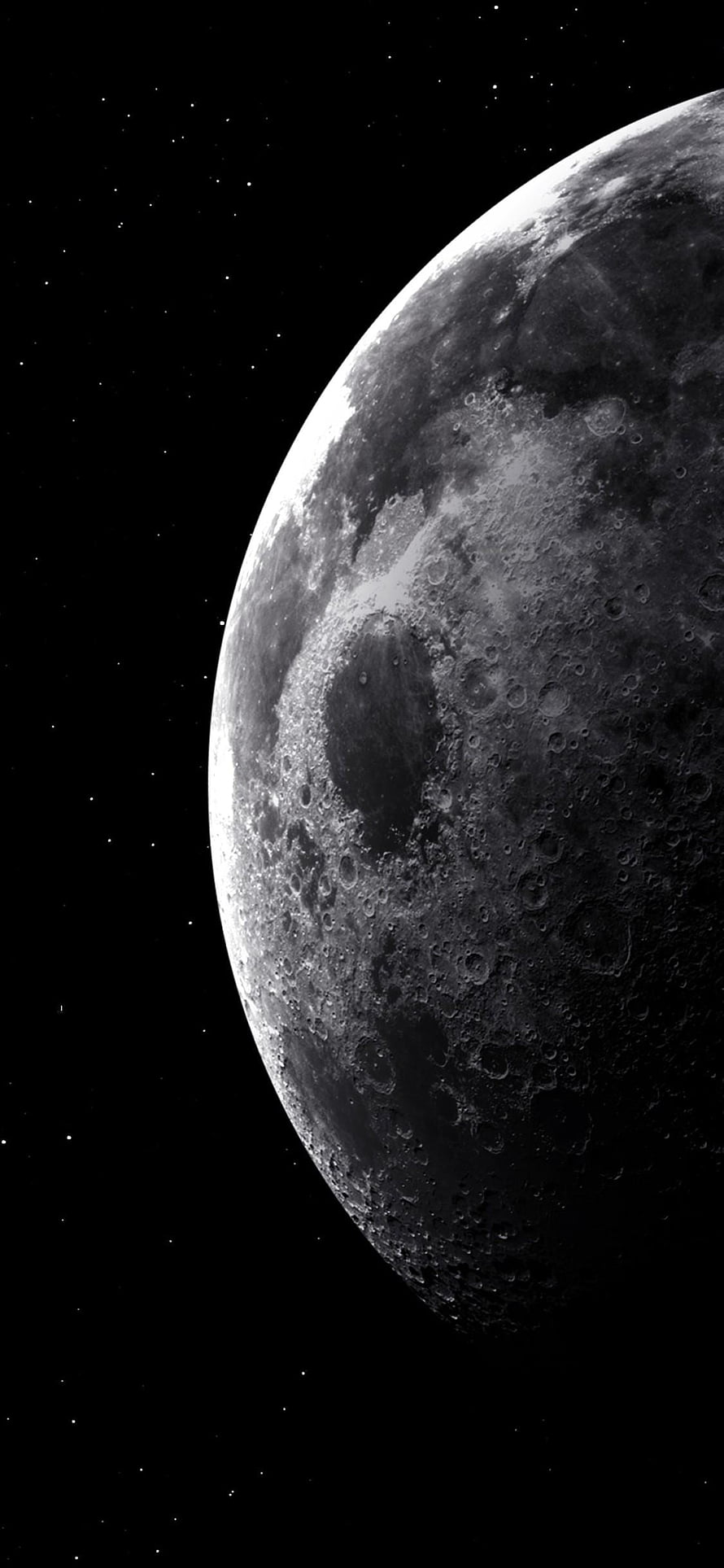 Detailed Black and White Moon Surface With Craters Against Starry Space Background HD phone wallpaper