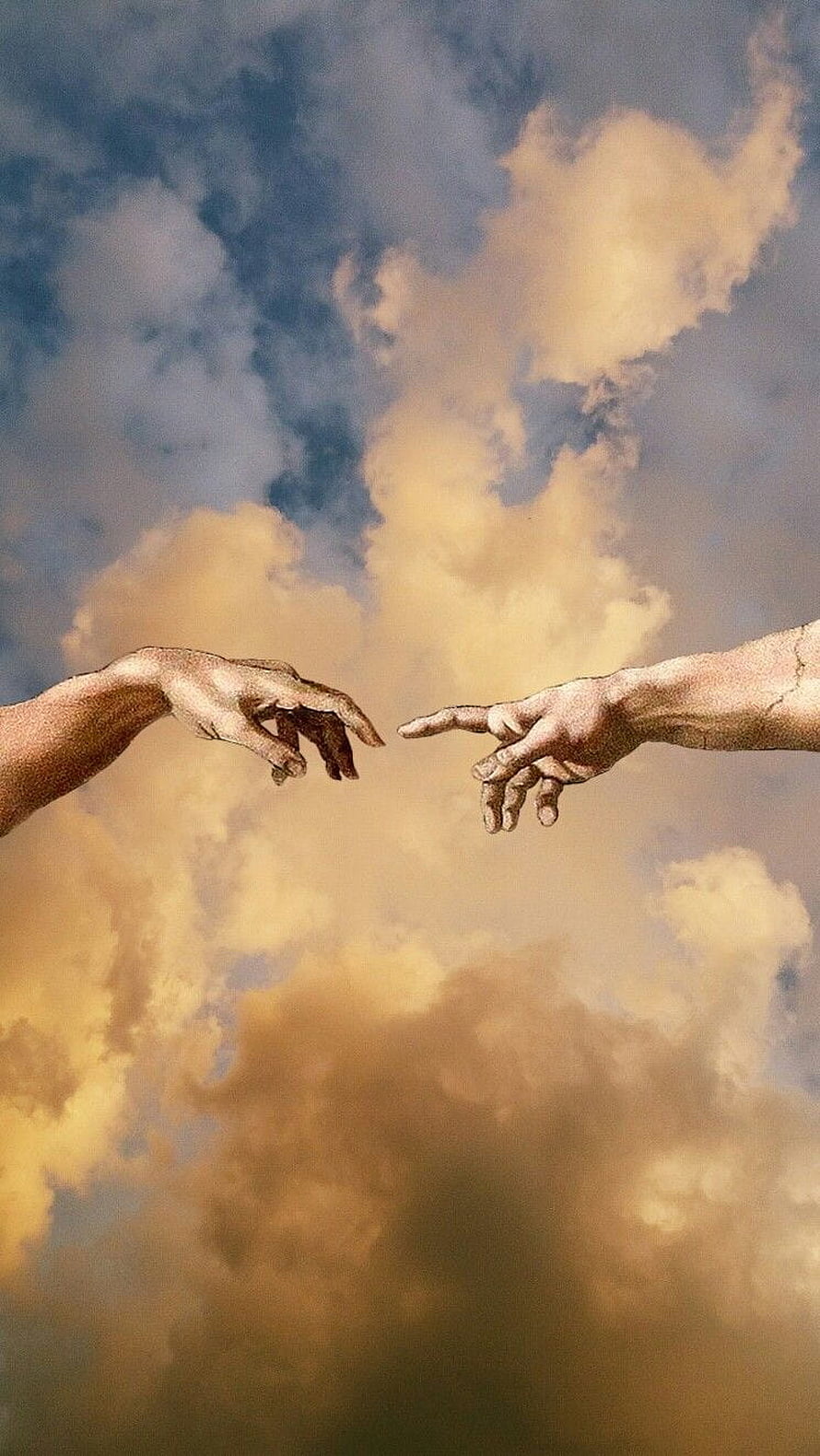 The Creation of Adam Hands Reaching Toward Each Other Against Golden Cloudy Sky HD phone wallpaper
