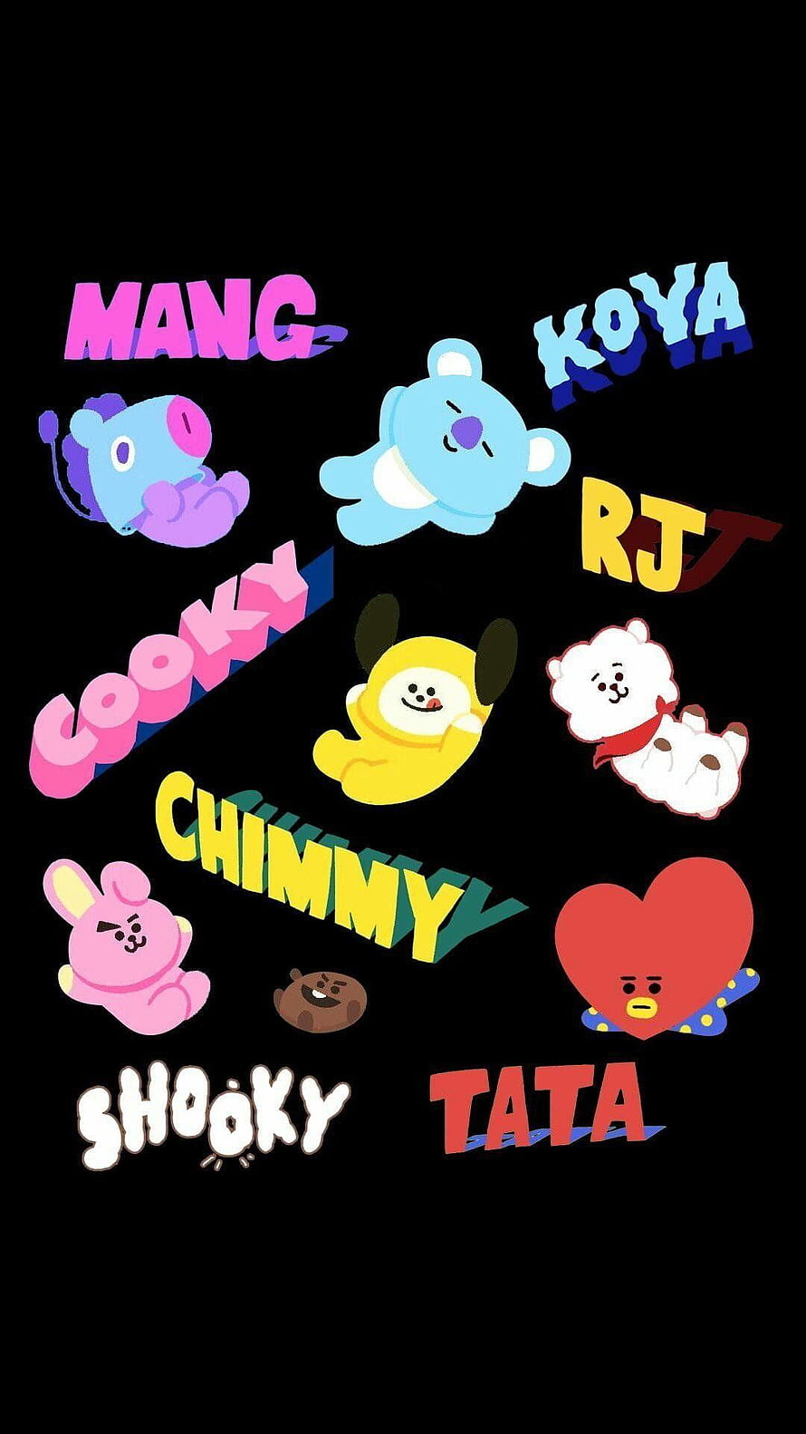 BT21 Character Lineup with Names on Black Background HD phone wallpaper