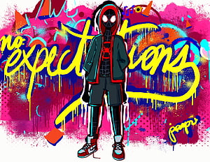 Miles Morales Spider-Man in Streetwear Hoodie with Vibrant Graffiti Background, Spiderman Expectations Graffiti, expectations miles morales HD wallpaper