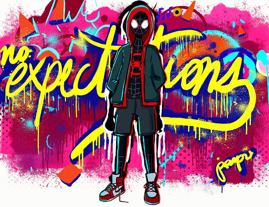 Miles Morales Spider-Man in Streetwear Hoodie with Vibrant Graffiti Background, Spiderman Expectations Graffiti, expectations miles morales HD wallpaper
