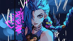 Jinx from Arcane Anime Style Digital Art with Blue Hair and Neon Background HD wallpaper