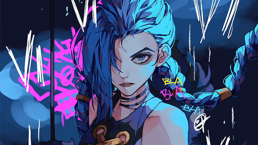 Jinx from Arcane Anime Style Digital Art with Blue Hair and Neon Background HD wallpaper