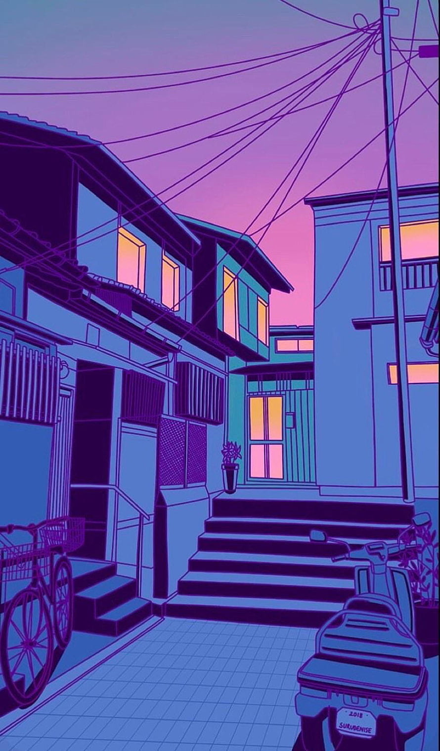 Lofi Style Urban Alleyway at Dusk with Neon Purple and Blue Palette HD phone wallpaper