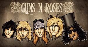 Guns N' Roses Band Members Illustrated Portrait with Vintage Rose Logo HD wallpaper
