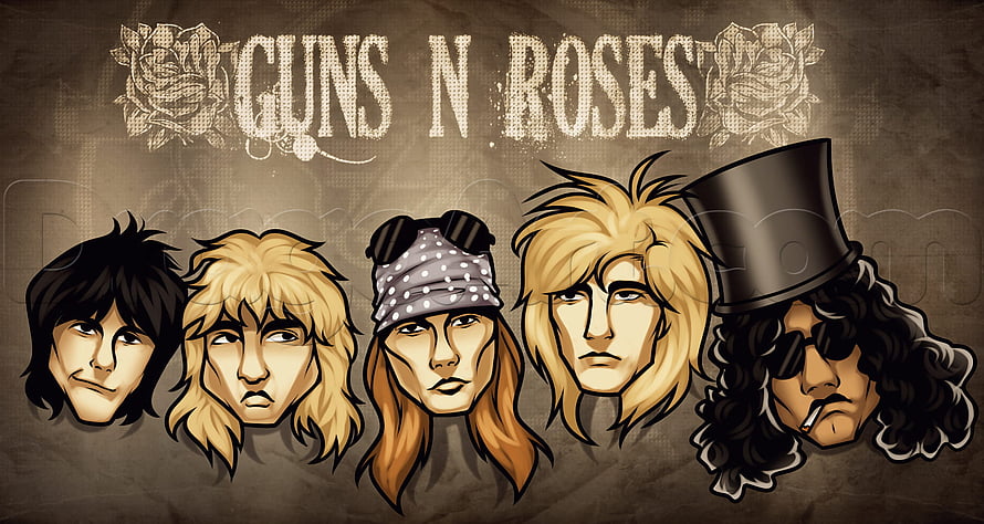 Guns N' Roses Band Members Illustrated Portrait with Vintage Rose Logo HD wallpaper