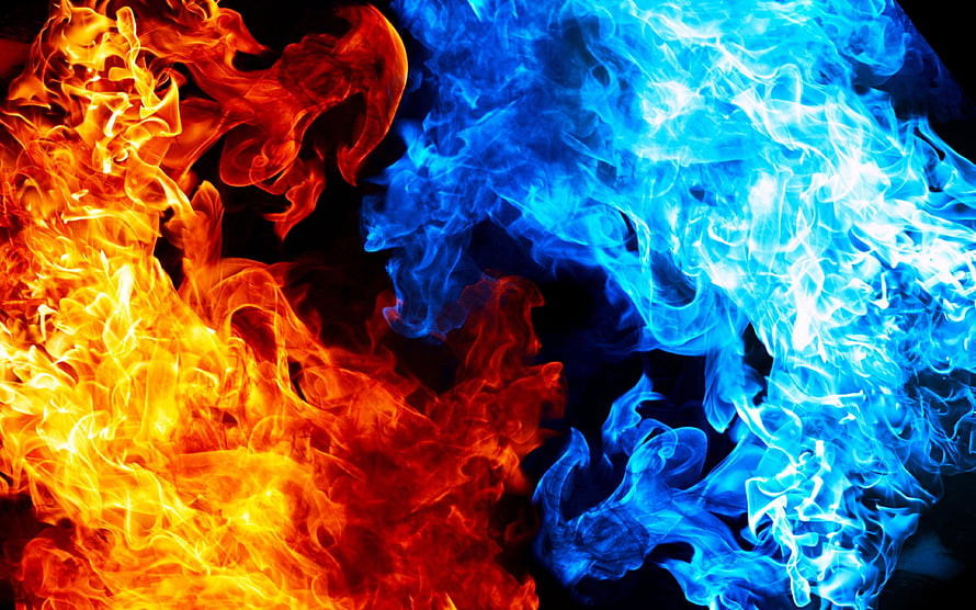 Vivid Contrast of Red and Blue Flames Swirling on a Black Background HD wallpaper