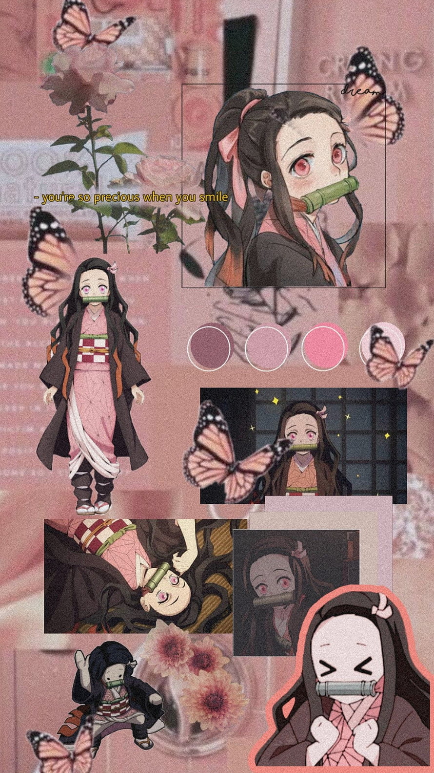 Demon Slayer Nezuko Aesthetic Collage with Butterflies and Soft Pink Palette HD phone wallpaper