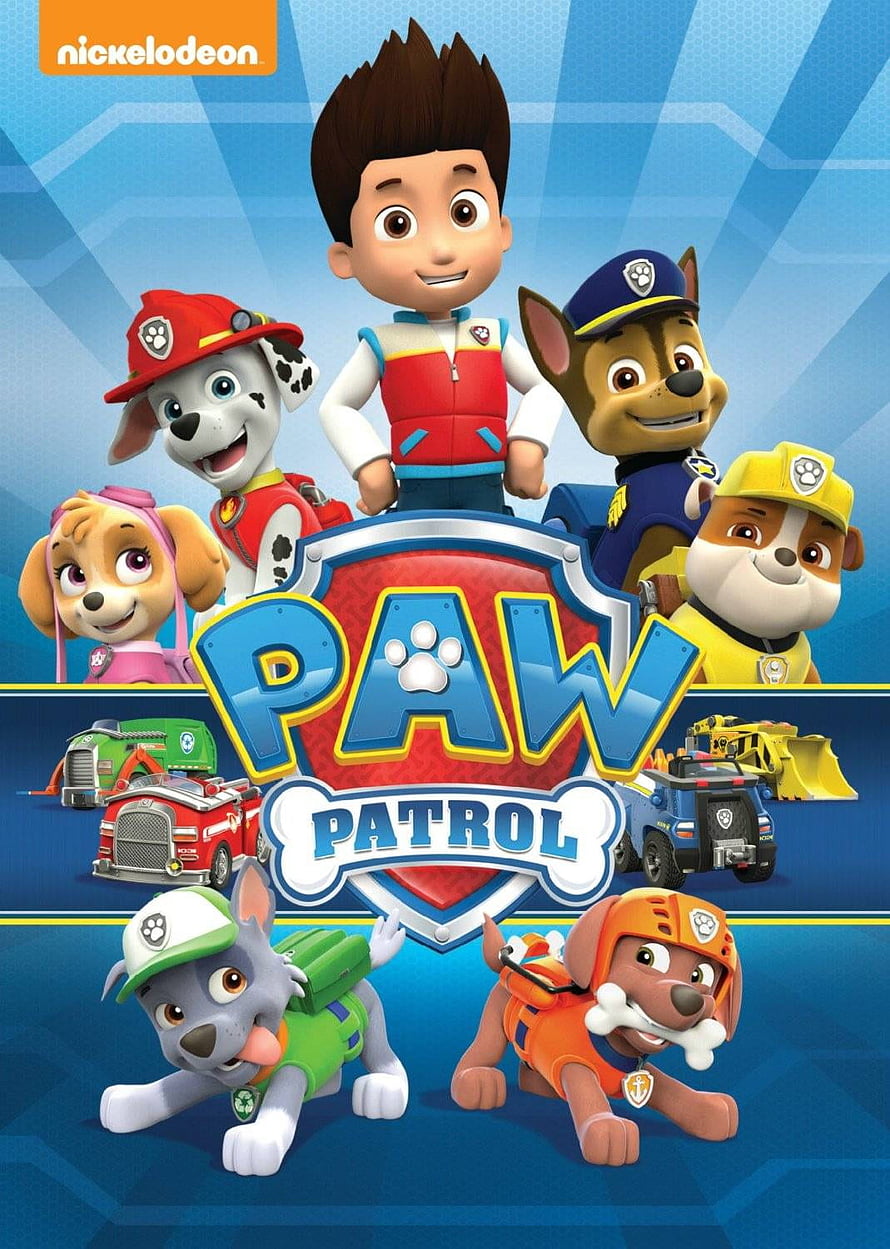 Paw Patrol Team Poster Featuring Ryder and Pups with Vehicles on Blue Background HD phone wallpaper