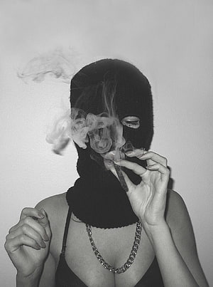 Black and white portrait of a woman wearing a black balaclava smoking a cigarette with smoke swirling around her face, Tumblr Gangsta Girl Hood Gangsta, gangster aesthetic HD phone wallpaper