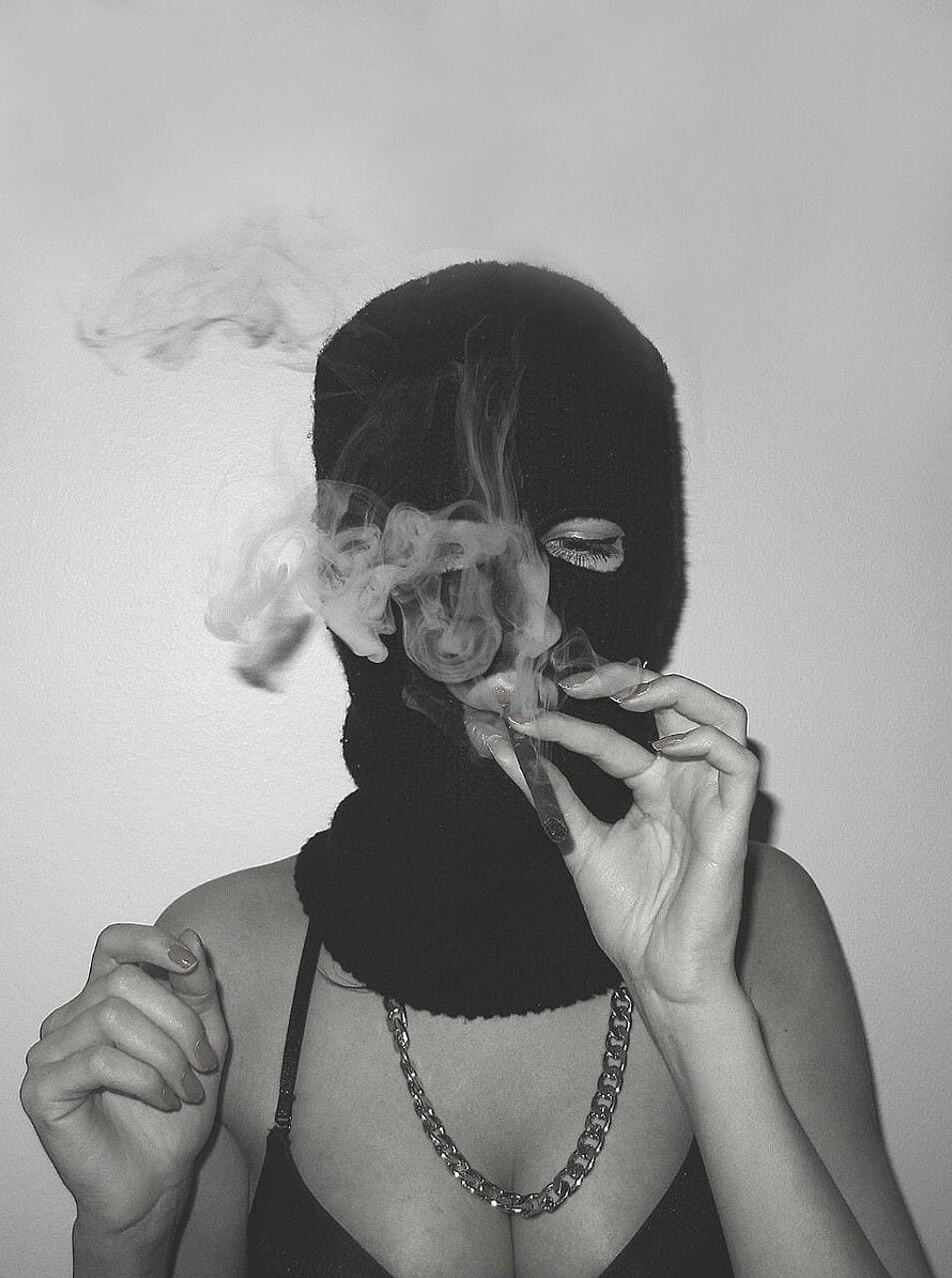 Black and white portrait of a woman wearing a black balaclava smoking a cigarette with smoke swirling around her face, Tumblr Gangsta Girl Hood Gangsta, gangster aesthetic HD phone wallpaper