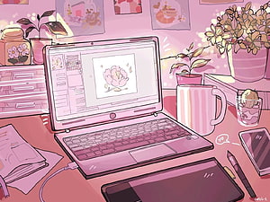 Cozy Pink Digital Art Workspace with Laptop, Plants, and Drawing Tablet HD wallpaper
