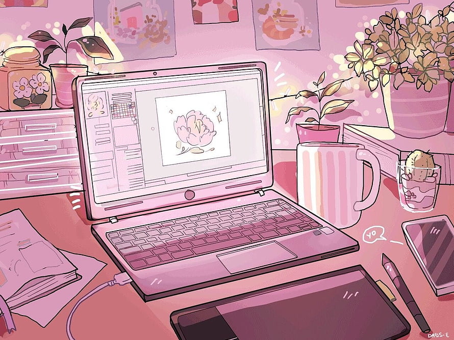 Cozy Pink Digital Art Workspace with Laptop, Plants, and Drawing Tablet HD wallpaper