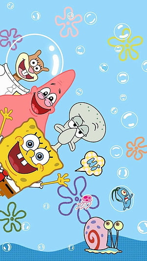 SpongeBob SquarePants, Patrick Star, Squidward, Sandy Cheeks, Gary, and Plankton underwater cartoon wallpaper HD phone wallpaper