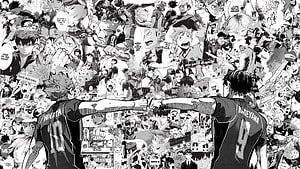 Haikyuu Manga Panel: Hinata and Kageyama Framing a Crowd of Characters HD wallpaper