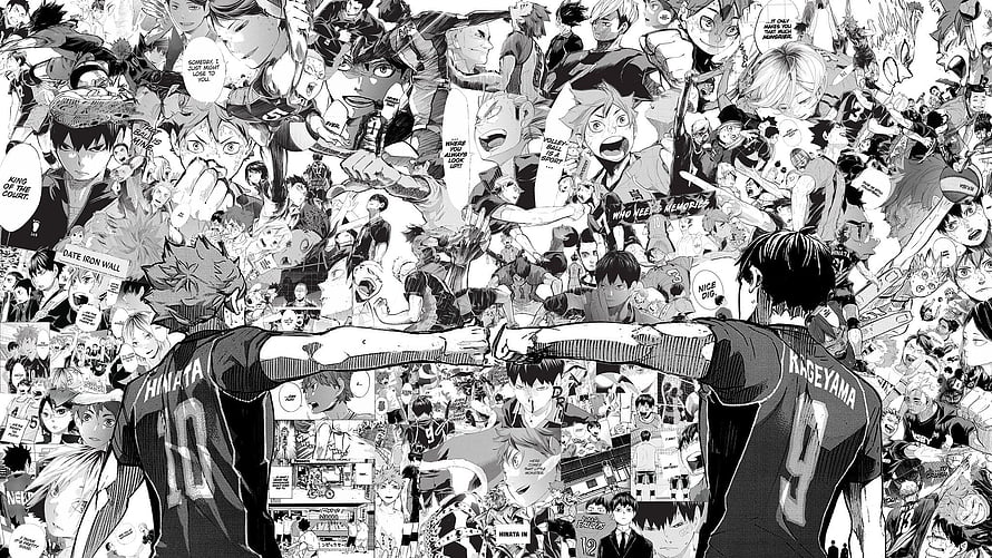 Haikyuu Manga Panel: Hinata and Kageyama Framing a Crowd of Characters HD wallpaper
