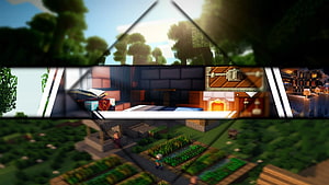 Minecraft Village and Farming Scene with Enchanting Table and Chests HD wallpaper