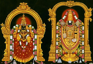 Hindu Deities Ayyappan and Bhadrakali in Traditional Temple Art with Gold Jewelry and Floral Garlands HD wallpaper