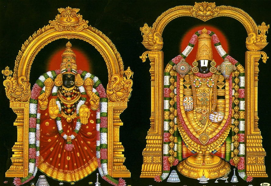 Hindu Deities Ayyappan and Bhadrakali in Traditional Temple Art with Gold Jewelry and Floral Garlands HD wallpaper