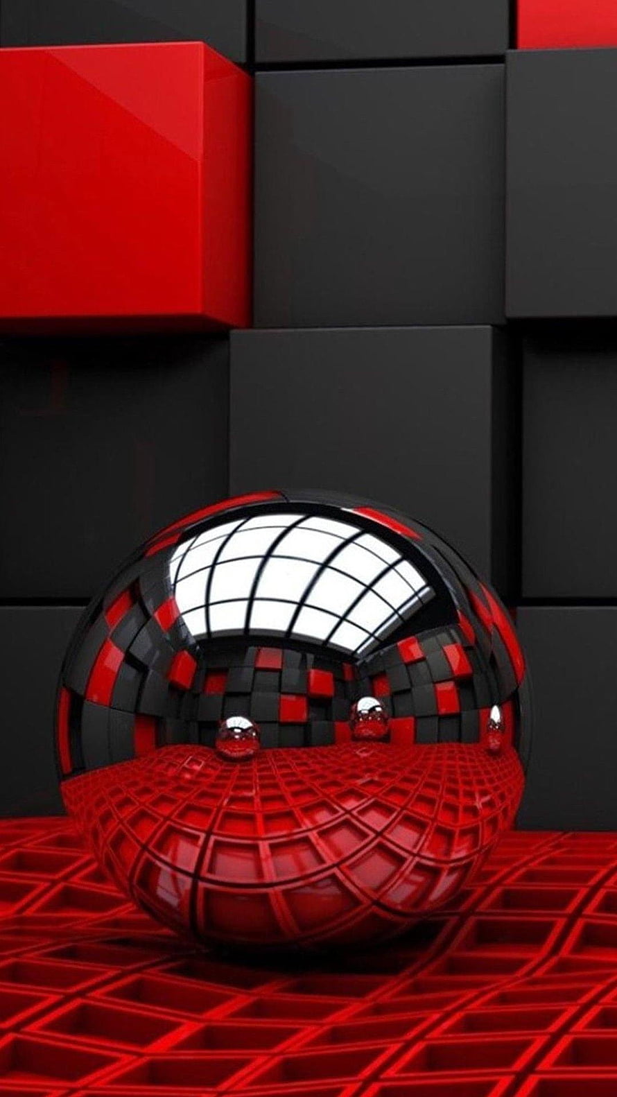 3D Render of a Reflective Sphere on a Red Grid Floor with Black and Red Cubes HD phone wallpaper