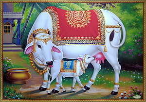 Decorated Indian Cow and Calf in Traditional Pahari Painting Style HD wallpaper