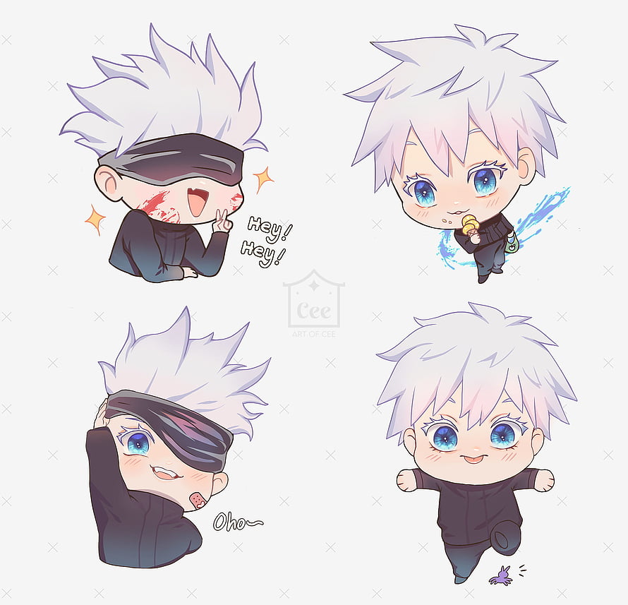 Gojo Satoru Chibi Character Sheet with Four Expressive Poses and Cute Anime Style HD wallpaper