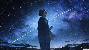 Anime Boy Gazing at Meteor Shower Under Starry Night Sky HD wallpaper