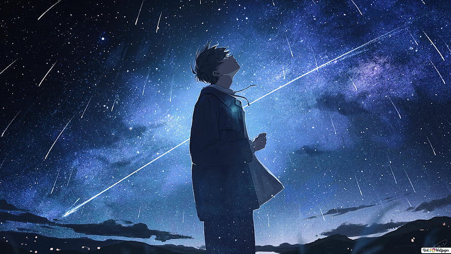 Anime Boy Gazing at Meteor Shower Under Starry Night Sky HD wallpaper