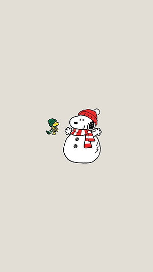 Snoopy and Woodstock as Snowmen in Winter Hats and Scarves on Beige Background HD phone wallpaper