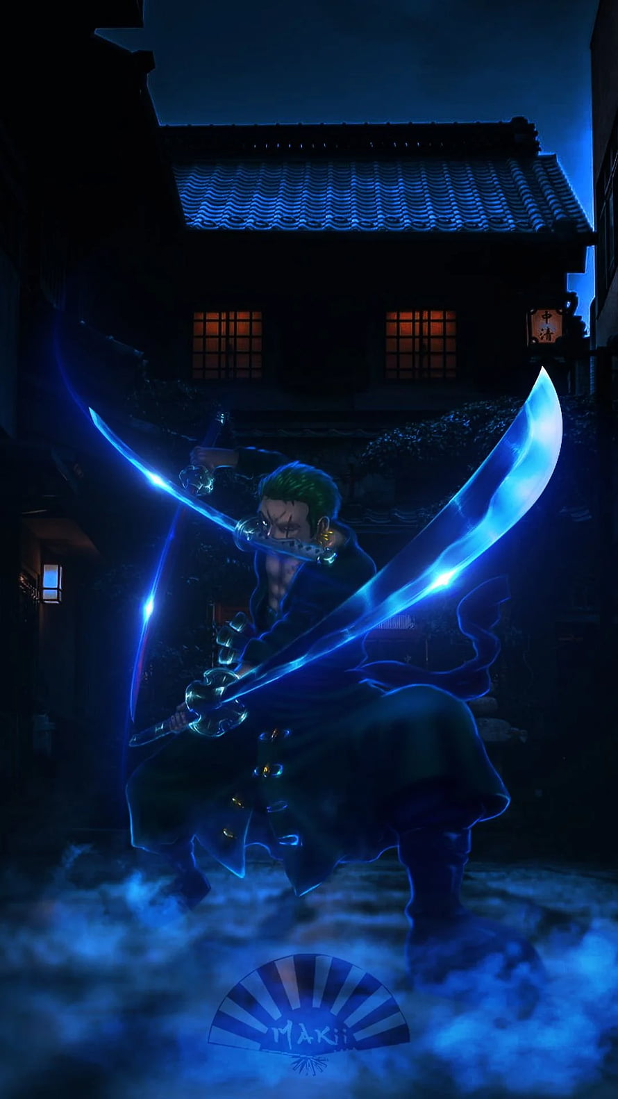 Roronoa Zoro Wielding Three Glowing Blue Swords in Dark Alley HD phone wallpaper