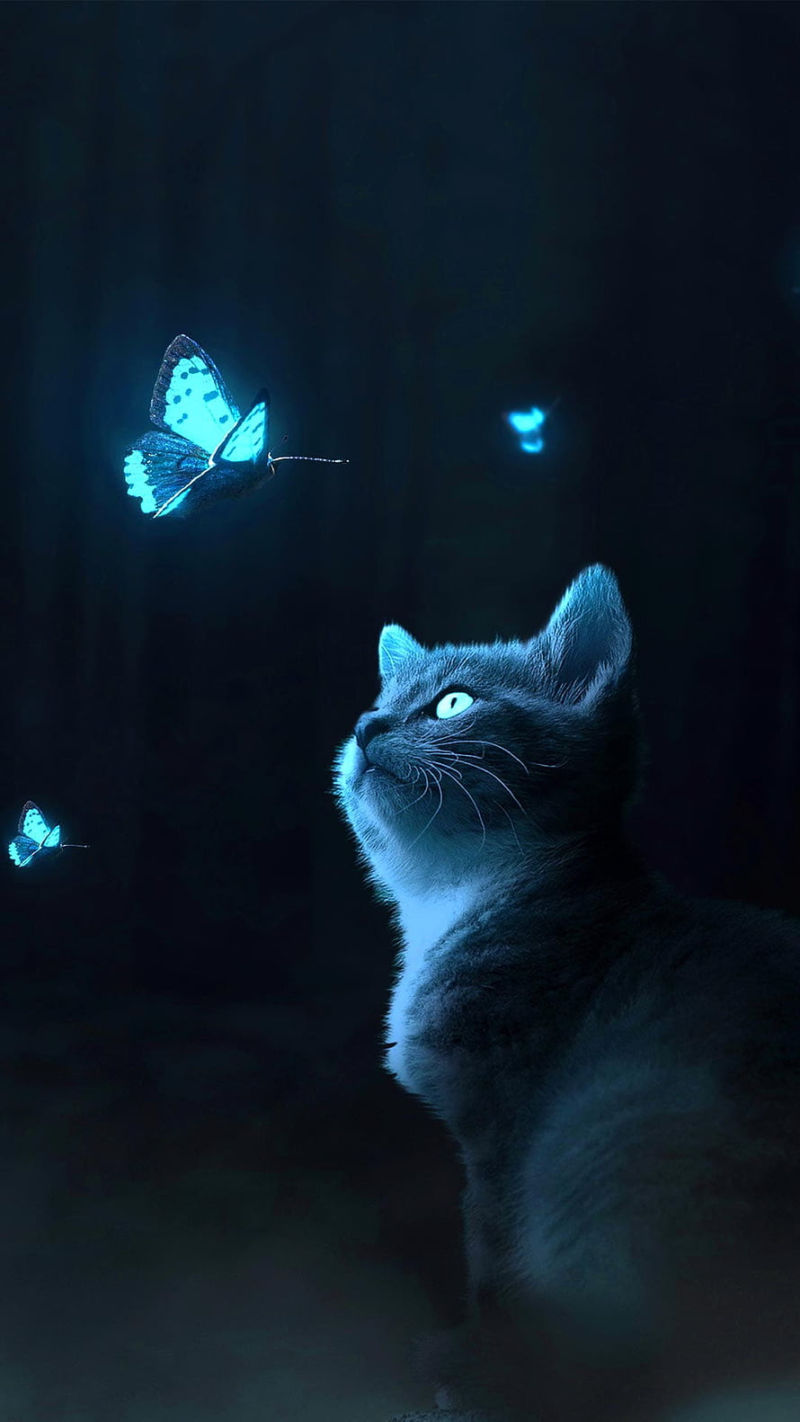 Mystical Blue Cat Watching Glowing Butterflies in Dark Fantasy Art HD phone wallpaper