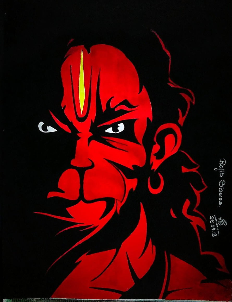 Red Demon Portrait Illustration With Yellow Forehead Mark On Black Background HD phone wallpaper