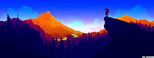 Hiker Silhouette on Cliff Edge Overlooking Vibrant Sunset Mountain Landscape HD wallpaper